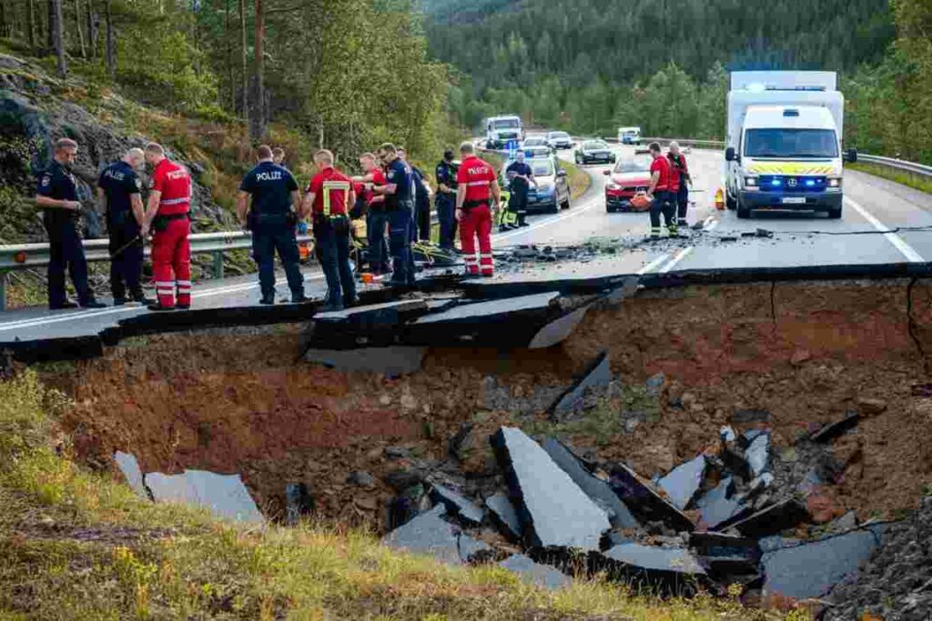 Norvegia: una voragine sull'autostrada E6 sorprende i soccorritori in azione